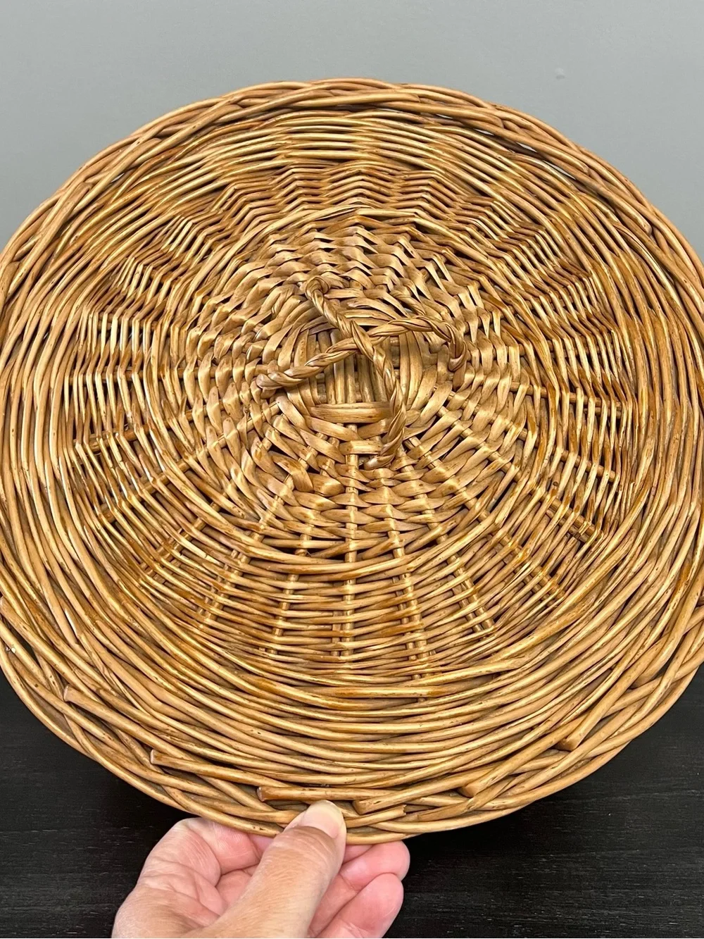 VTG Hand Woven Willow Sewing Basket Lidded Round Maroon Liner Remnants 12” Boho
